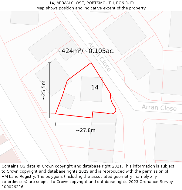 14, ARRAN CLOSE, PORTSMOUTH, PO6 3UD: Plot and title map