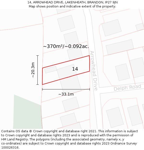 14, ARROWHEAD DRIVE, LAKENHEATH, BRANDON, IP27 9JN: Plot and title map