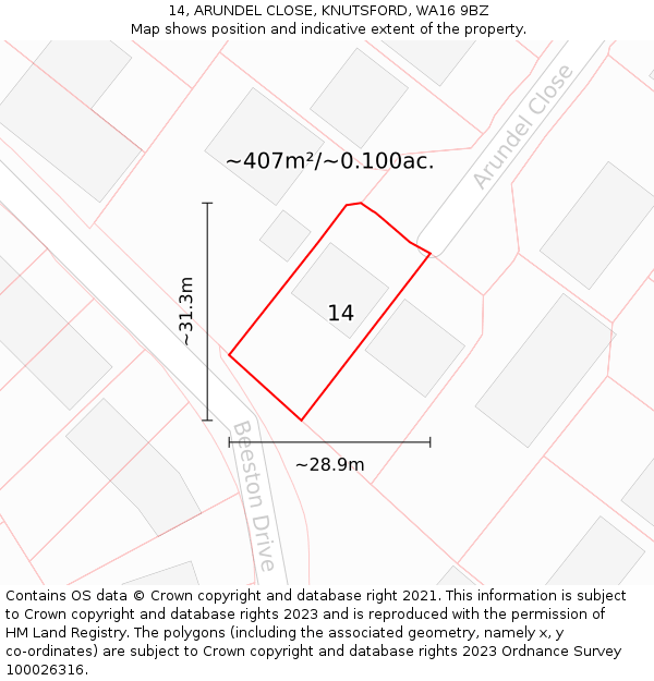14, ARUNDEL CLOSE, KNUTSFORD, WA16 9BZ: Plot and title map