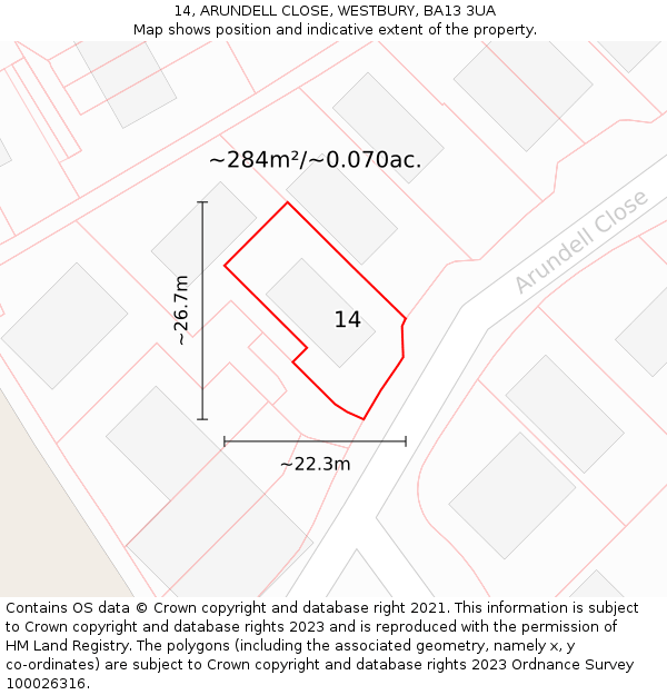 14, ARUNDELL CLOSE, WESTBURY, BA13 3UA: Plot and title map