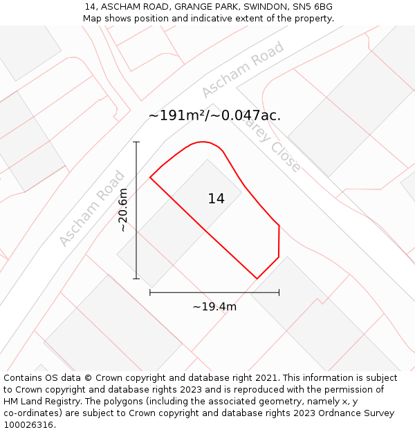 14, ASCHAM ROAD, GRANGE PARK, SWINDON, SN5 6BG: Plot and title map