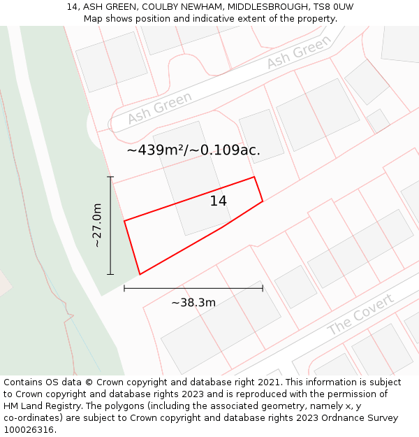 14, ASH GREEN, COULBY NEWHAM, MIDDLESBROUGH, TS8 0UW: Plot and title map