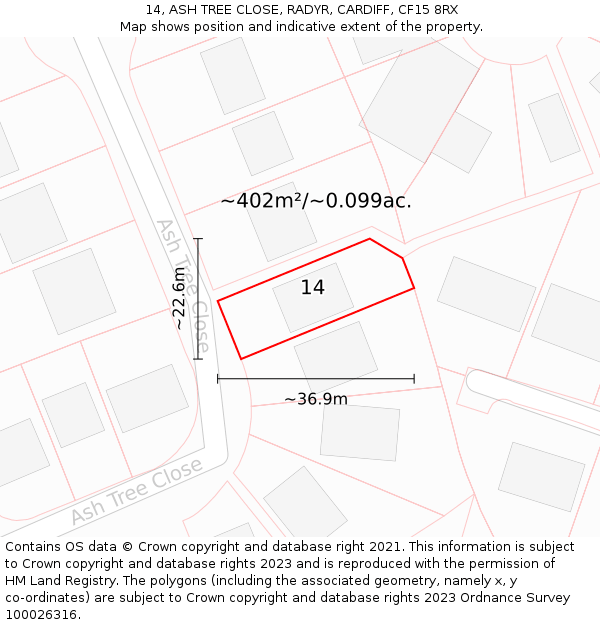14, ASH TREE CLOSE, RADYR, CARDIFF, CF15 8RX: Plot and title map