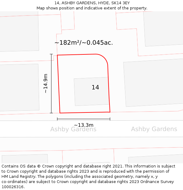 14, ASHBY GARDENS, HYDE, SK14 3EY: Plot and title map