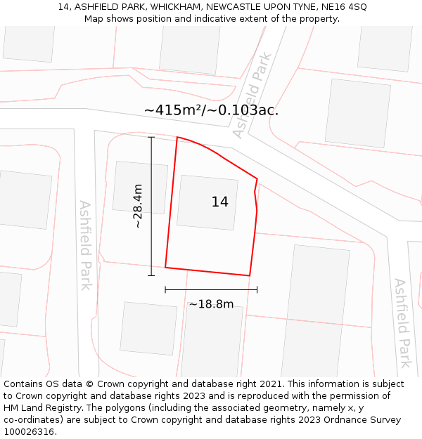 14, ASHFIELD PARK, WHICKHAM, NEWCASTLE UPON TYNE, NE16 4SQ: Plot and title map