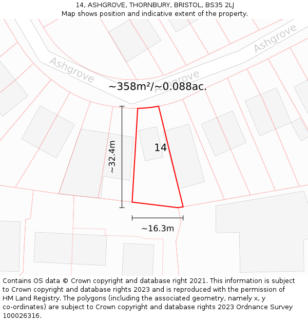 14, ASHGROVE, THORNBURY, BRISTOL, BS35 2LJ: Plot and title map