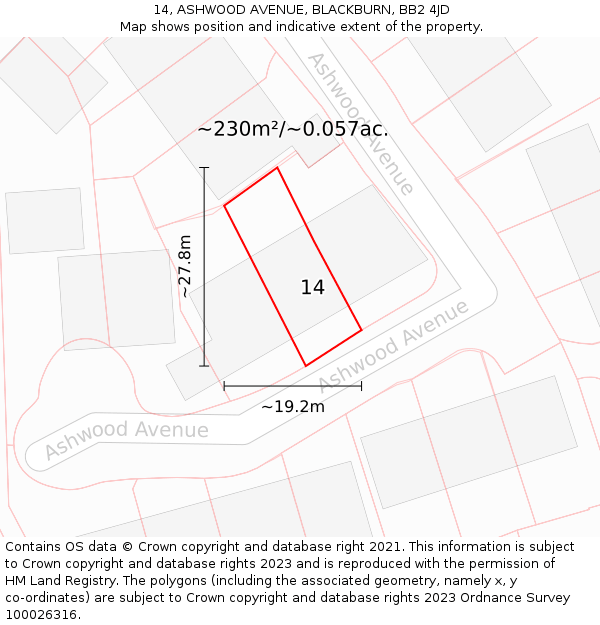 14, ASHWOOD AVENUE, BLACKBURN, BB2 4JD: Plot and title map