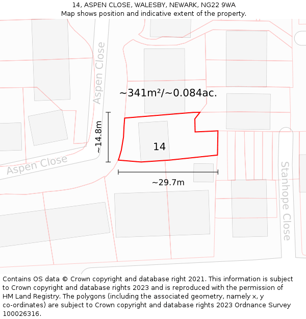 14, ASPEN CLOSE, WALESBY, NEWARK, NG22 9WA: Plot and title map
