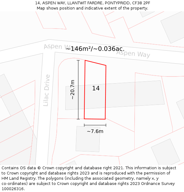 14, ASPEN WAY, LLANTWIT FARDRE, PONTYPRIDD, CF38 2PF: Plot and title map