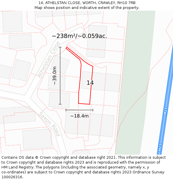 14, ATHELSTAN CLOSE, WORTH, CRAWLEY, RH10 7RB: Plot and title map