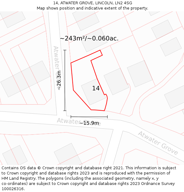 14, ATWATER GROVE, LINCOLN, LN2 4SG: Plot and title map