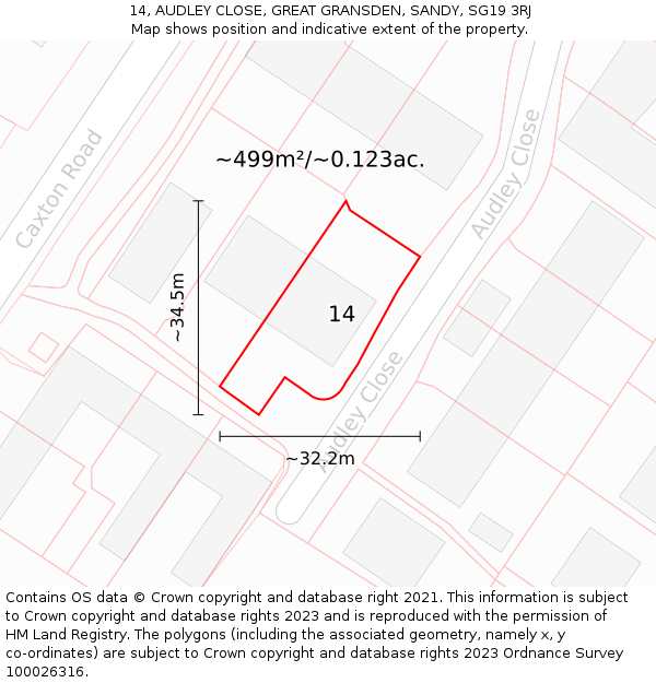 14, AUDLEY CLOSE, GREAT GRANSDEN, SANDY, SG19 3RJ: Plot and title map