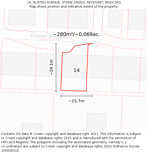 14, AUSTEN AVENUE, STONE CROSS, PEVENSEY, BN24 5FQ: Plot and title map