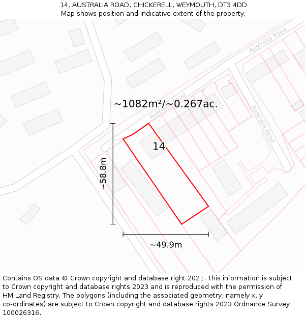 14, AUSTRALIA ROAD, CHICKERELL, WEYMOUTH, DT3 4DD: Plot and title map