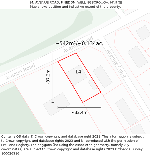 14, AVENUE ROAD, FINEDON, WELLINGBOROUGH, NN9 5JJ: Plot and title map