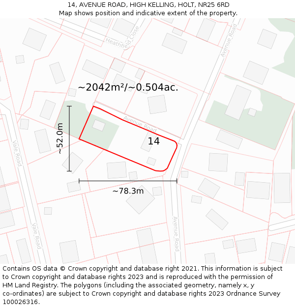 14, AVENUE ROAD, HIGH KELLING, HOLT, NR25 6RD: Plot and title map