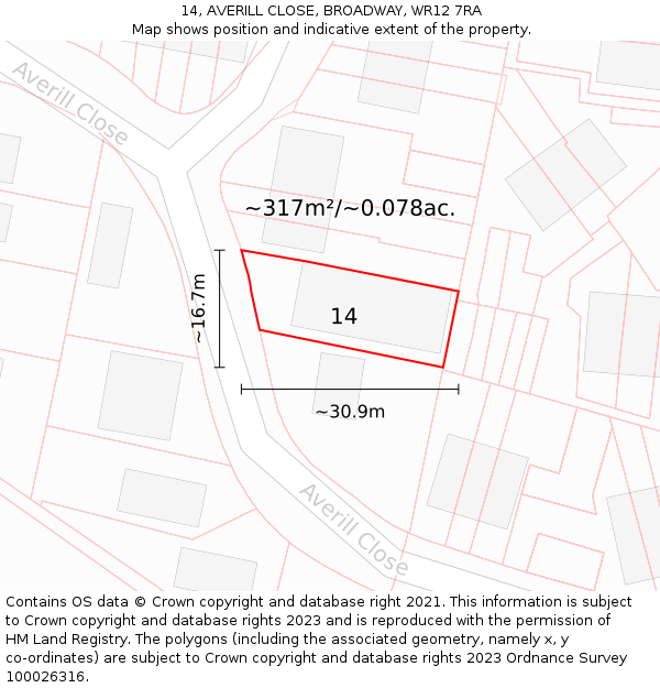 14, AVERILL CLOSE, BROADWAY, WR12 7RA: Plot and title map