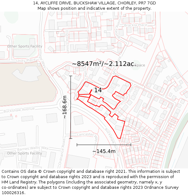 14, AYCLIFFE DRIVE, BUCKSHAW VILLAGE, CHORLEY, PR7 7GD: Plot and title map