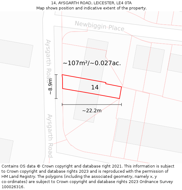 14, AYSGARTH ROAD, LEICESTER, LE4 0TA: Plot and title map