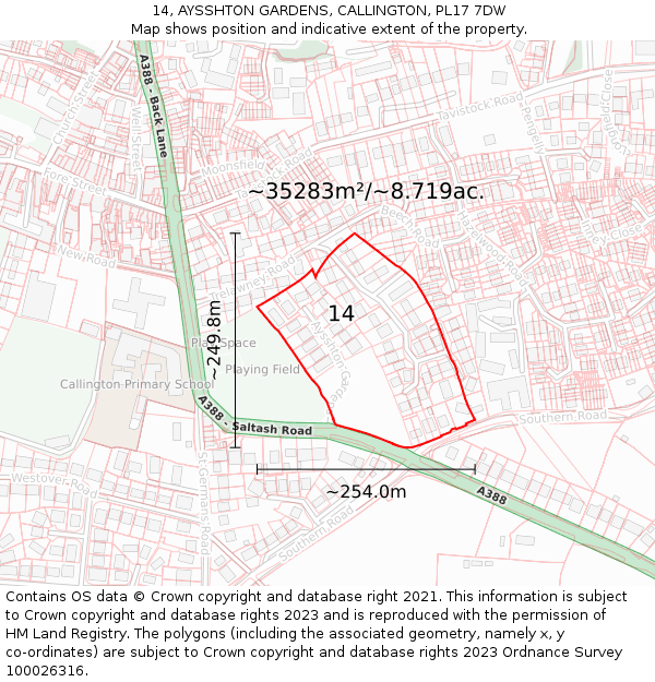 14, AYSSHTON GARDENS, CALLINGTON, PL17 7DW: Plot and title map