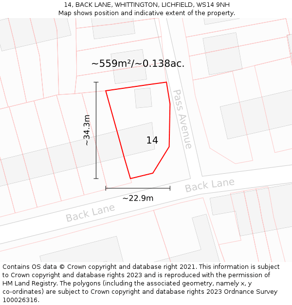 14, BACK LANE, WHITTINGTON, LICHFIELD, WS14 9NH: Plot and title map