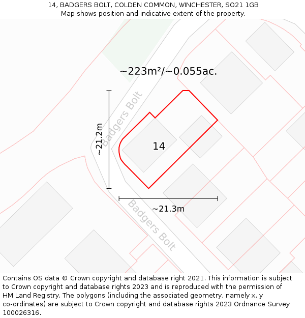 14, BADGERS BOLT, COLDEN COMMON, WINCHESTER, SO21 1GB: Plot and title map