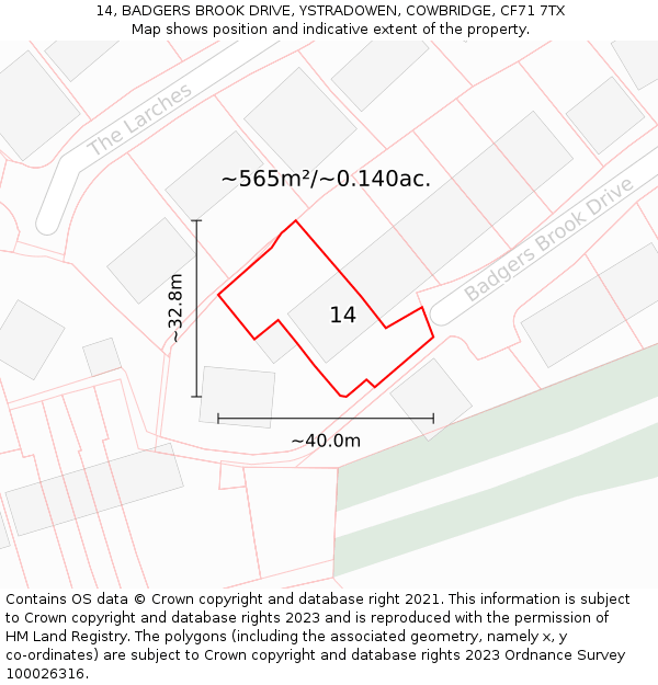 14, BADGERS BROOK DRIVE, YSTRADOWEN, COWBRIDGE, CF71 7TX: Plot and title map