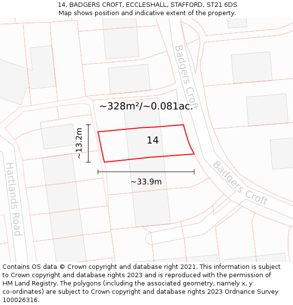 14, BADGERS CROFT, ECCLESHALL, STAFFORD, ST21 6DS: Plot and title map