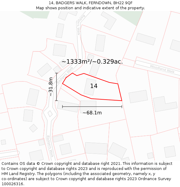 14, BADGERS WALK, FERNDOWN, BH22 9QF: Plot and title map