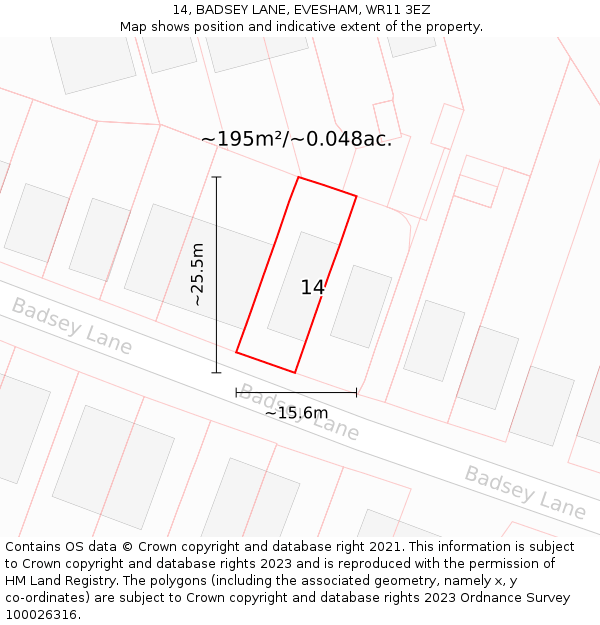 14, BADSEY LANE, EVESHAM, WR11 3EZ: Plot and title map