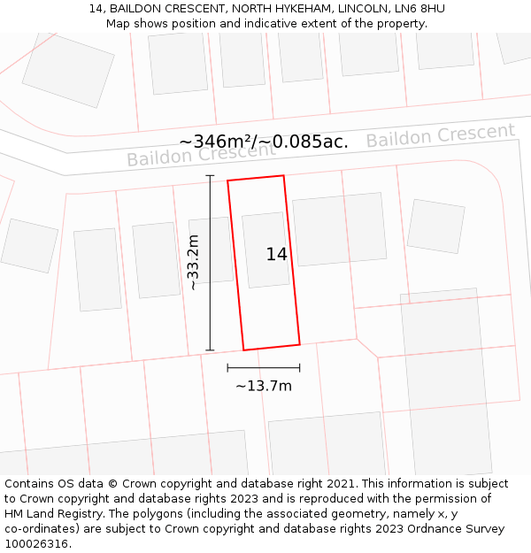 14, BAILDON CRESCENT, NORTH HYKEHAM, LINCOLN, LN6 8HU: Plot and title map