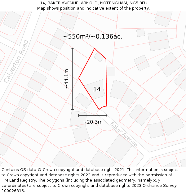 14, BAKER AVENUE, ARNOLD, NOTTINGHAM, NG5 8FU: Plot and title map