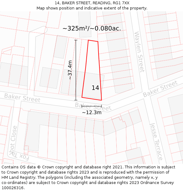 14, BAKER STREET, READING, RG1 7XX: Plot and title map