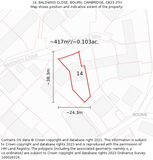 14, BALDWINS CLOSE, BOURN, CAMBRIDGE, CB23 2TH: Plot and title map