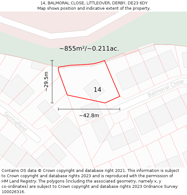 14, BALMORAL CLOSE, LITTLEOVER, DERBY, DE23 6DY: Plot and title map