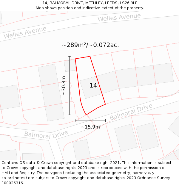 14, BALMORAL DRIVE, METHLEY, LEEDS, LS26 9LE: Plot and title map