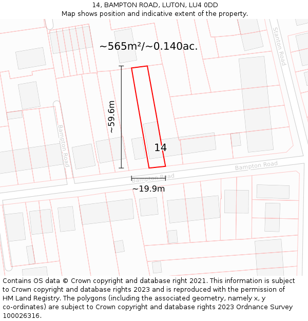 14, BAMPTON ROAD, LUTON, LU4 0DD: Plot and title map