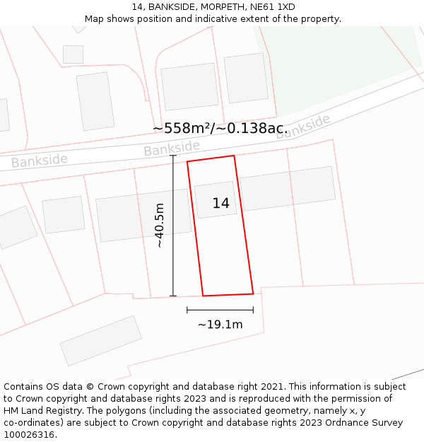 14, BANKSIDE, MORPETH, NE61 1XD: Plot and title map