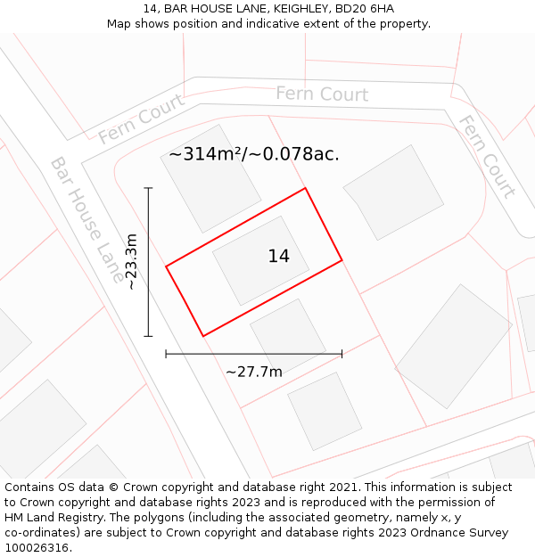 14, BAR HOUSE LANE, KEIGHLEY, BD20 6HA: Plot and title map