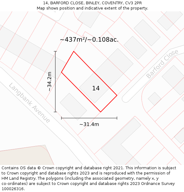 14, BARFORD CLOSE, BINLEY, COVENTRY, CV3 2PR: Plot and title map