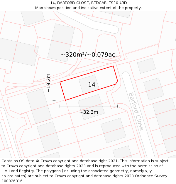 14, BARFORD CLOSE, REDCAR, TS10 4RD: Plot and title map