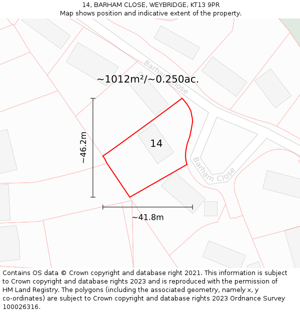 14, BARHAM CLOSE, WEYBRIDGE, KT13 9PR: Plot and title map