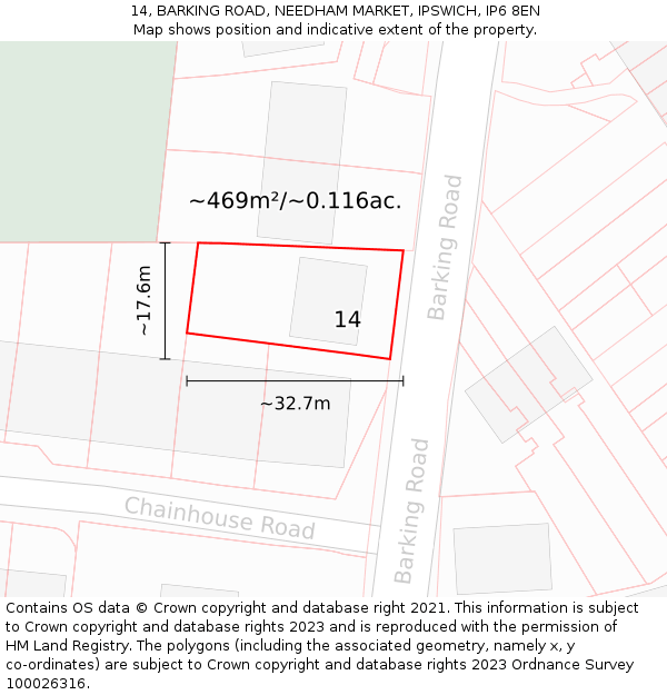 14, BARKING ROAD, NEEDHAM MARKET, IPSWICH, IP6 8EN: Plot and title map