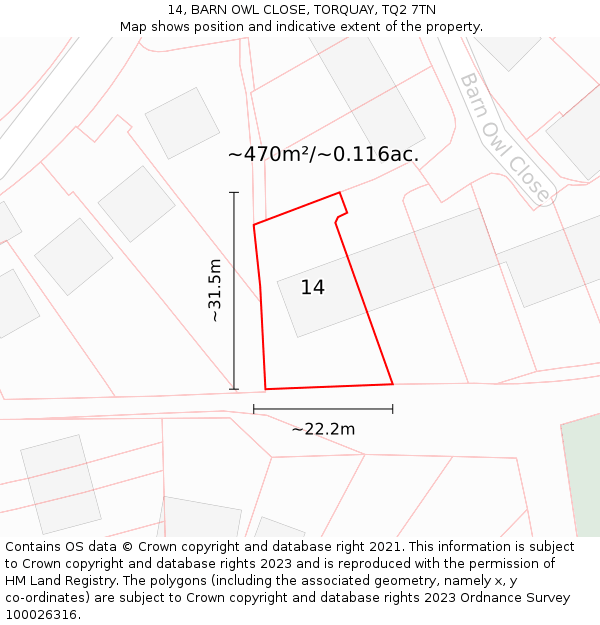 14, BARN OWL CLOSE, TORQUAY, TQ2 7TN: Plot and title map