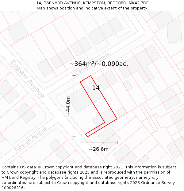 14, BARNARD AVENUE, KEMPSTON, BEDFORD, MK42 7DE: Plot and title map