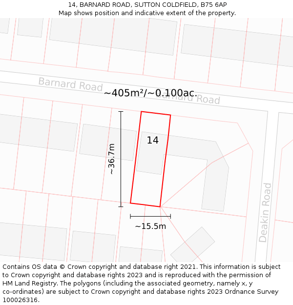 14, BARNARD ROAD, SUTTON COLDFIELD, B75 6AP: Plot and title map