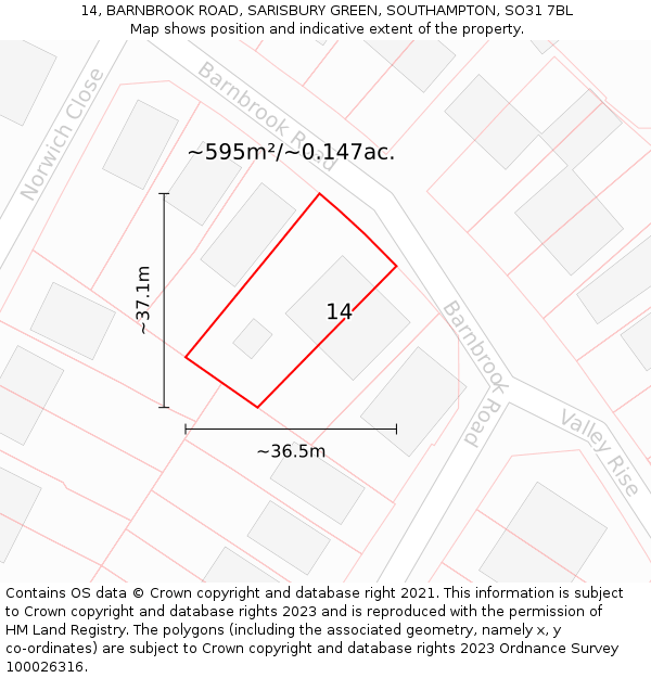 14, BARNBROOK ROAD, SARISBURY GREEN, SOUTHAMPTON, SO31 7BL: Plot and title map