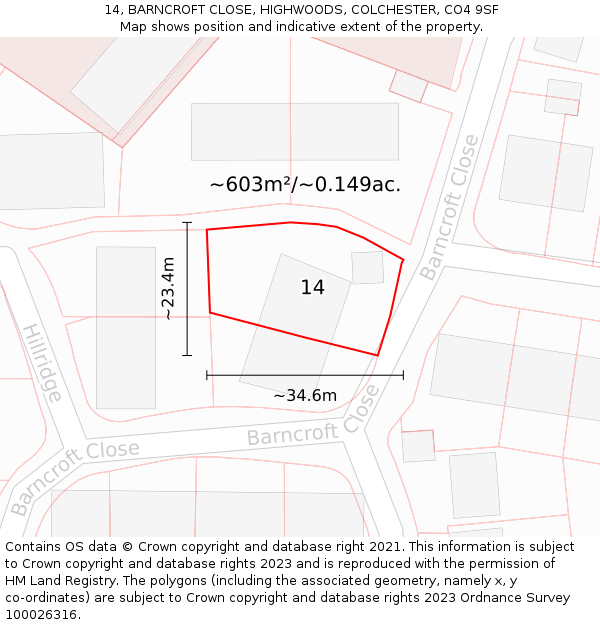 14, BARNCROFT CLOSE, HIGHWOODS, COLCHESTER, CO4 9SF: Plot and title map