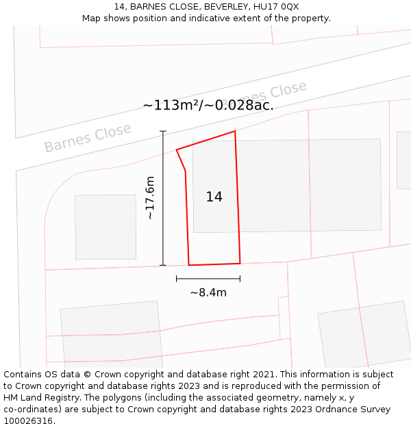 14, BARNES CLOSE, BEVERLEY, HU17 0QX: Plot and title map