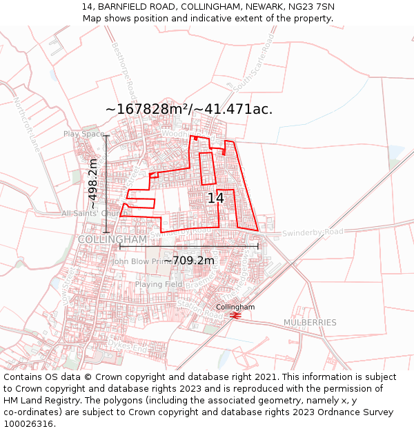 14, BARNFIELD ROAD, COLLINGHAM, NEWARK, NG23 7SN: Plot and title map